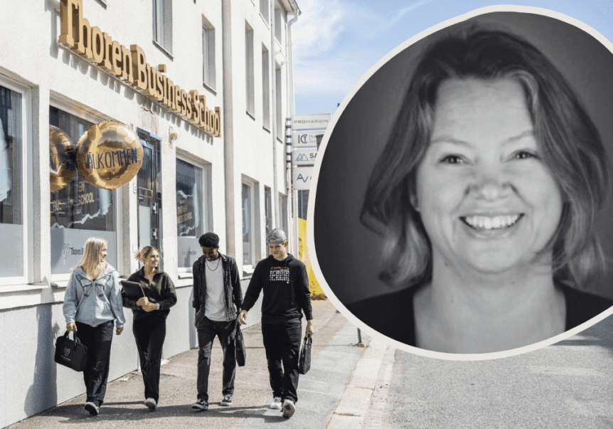 Elever som går utanför Thoren Business School Uppsala, rektor Maria Hallberg infälld